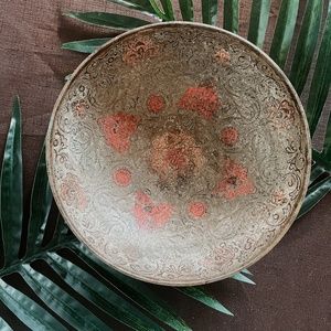 Vintage India Decorative Brass Embossed Floral Pedestal Multipurpose Bowl